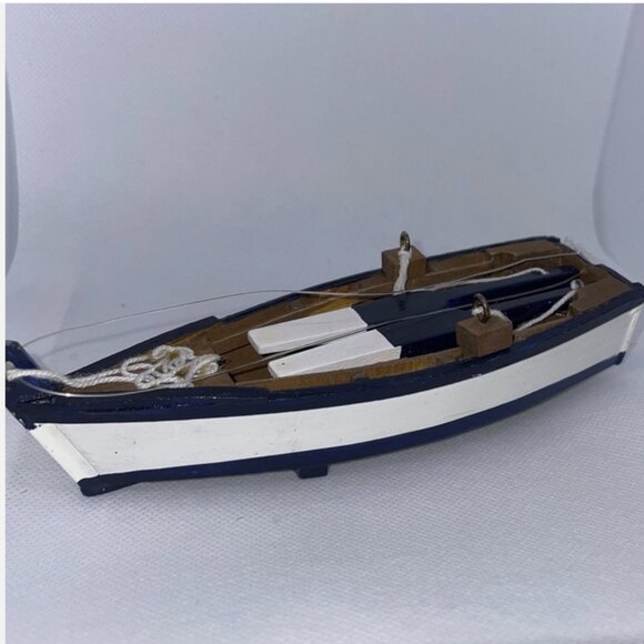 Vintage Boat Ornament  Wooden with Oars & Ropes Blue /White - Detailed - Picture 1 of 7